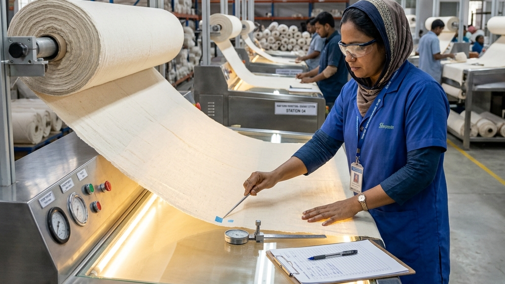 Bangladesh garments factory rolled fabric backlit inspection table