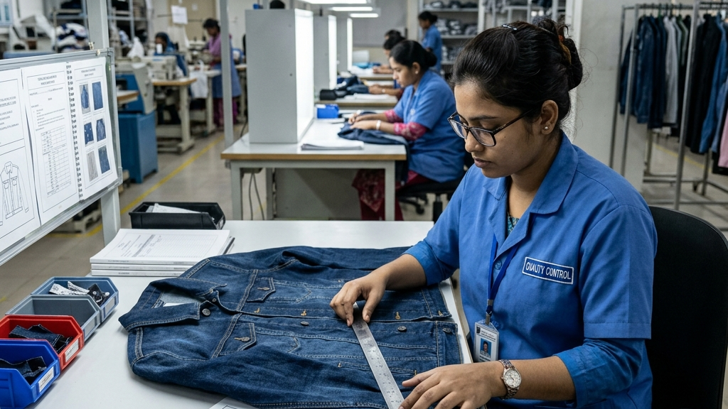 Quality control team checking garments in standard D65 lightbox visual hood in Bangladesh factory