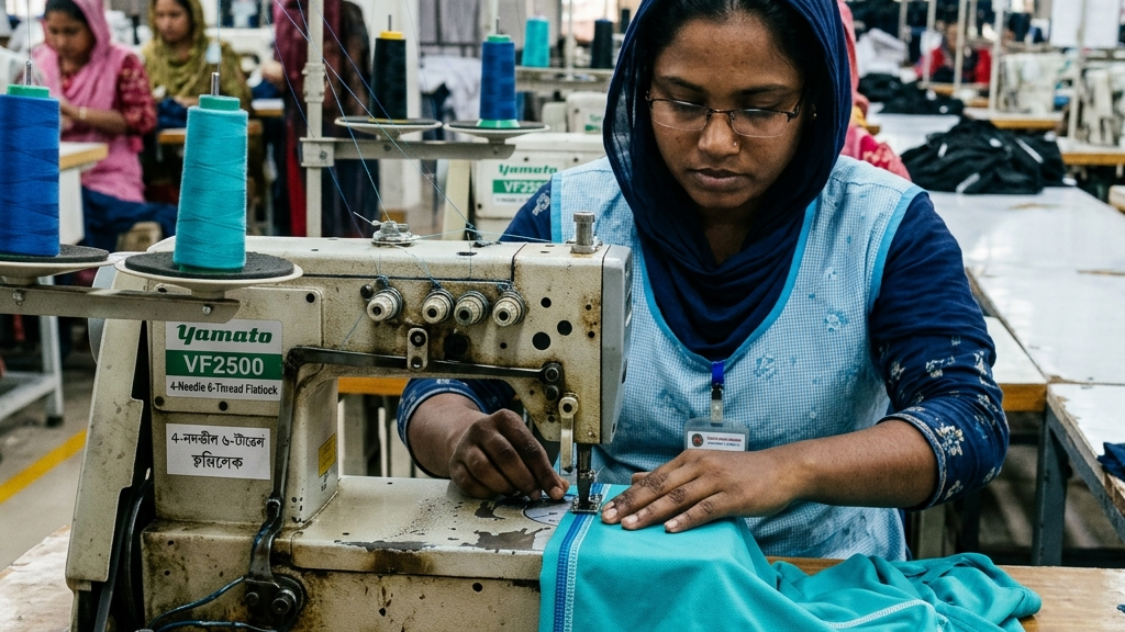 Four-needle six-thread flatlock sewing machine close-up on activewear in Bangladesh factory